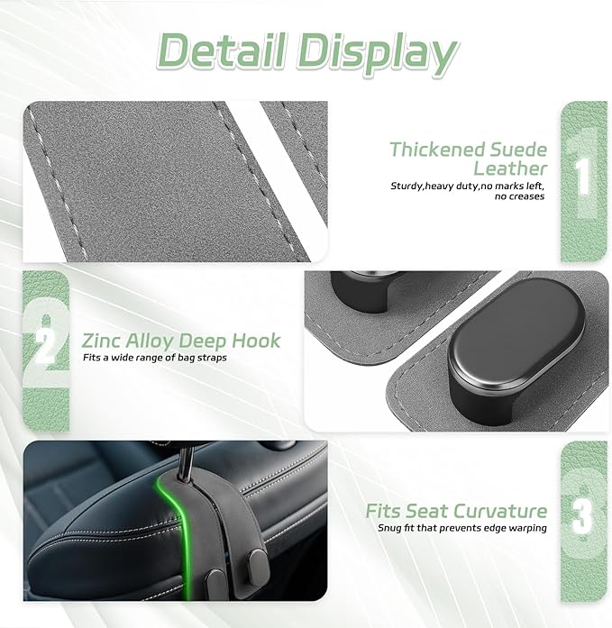 Car Seat Headrest Hooks - 4 Pack Universal Car Purse Hook, Leather Car Bag Purse Holder with Double Metal Hooks for Handbags, Grocery Bags, Bottles, Phones, Gray