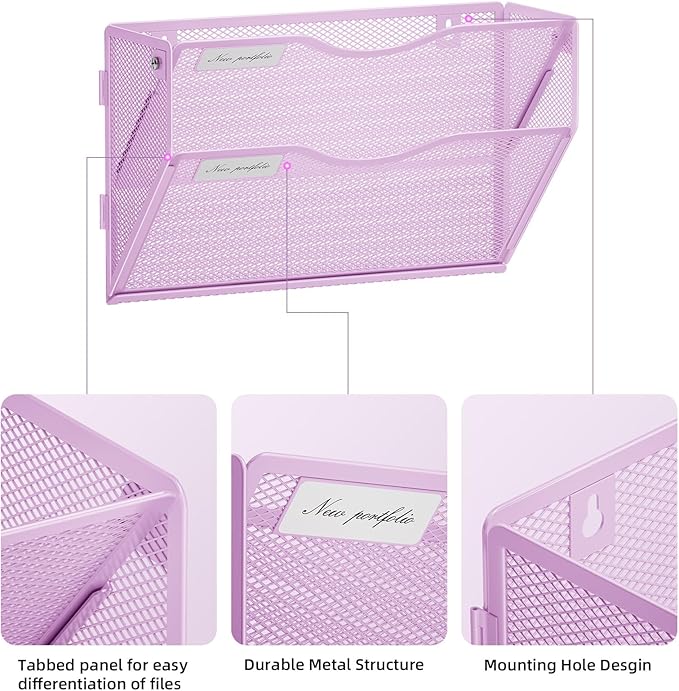 Marbrasse Wall File Holder 2-Tier Hanging Wall File Organizer, Mesh Mail Holder for Papers, Wall Mount File Clipboard & Magazine Organizer Great for Office Home - 2P(Purple)