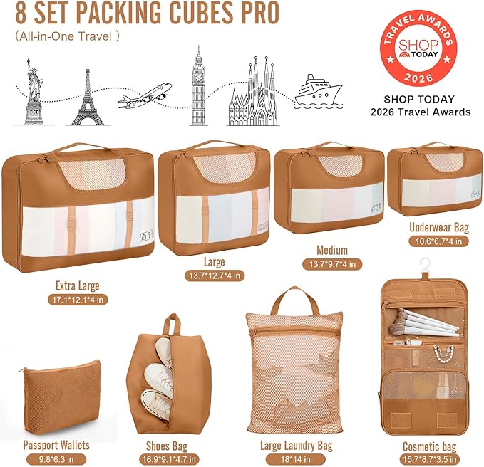Veken 8 Set Packing Cubes for Travel Essentials, Suitcase Organizer Bags in 4 Sizes, Carry-On Luggage Accessories with Large Laundry & Shoes Bag, Must-Have for Airplane, Road Trip & Camping
