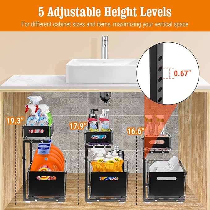 Under Sink Organizers and Storage, 2-Tier Pull Out Cabinet Organizer, Slide Sink Steel Shelf Cabinet Storage Shelves, Height Adjustable Under Sink Storage for Kitchen Bathroom, 2 Pack