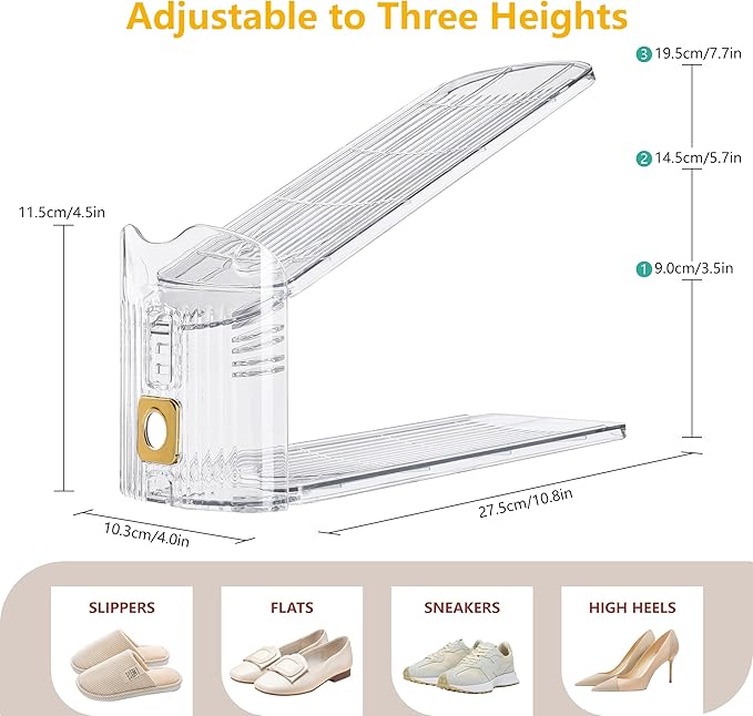 16-Pack Shoe Slots Organizer for Closet, Adjustable Shoe Stacker & Space Saver, Clear Double Deck Shoe Storage for Small Spaces, Transparent Gold