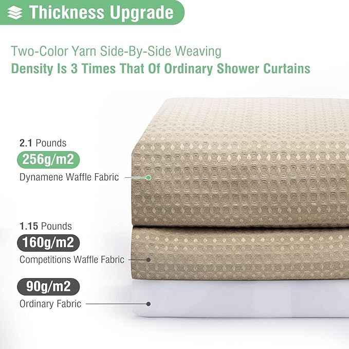 Dynamene Extra Wide Shower Curtain - 180 Inch Wide Waffle Weighted Thick Cloth Bathroom Shower Curtain, Neutral Heavy Duty Hotel Shower Curtain Set with 32 Plastic Hooks, 180x72, Beige/Khaki