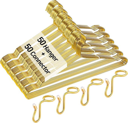 Wesiti 100 Pcs Gold Hangers Cloth Space Savers Hanger Set Include 50 Strong Metal Wire 17.7 in Clothes Hangers with 50 Hanger Connector Extender Hook Space Saving for Jacket Shirt Dress Closet Dorm