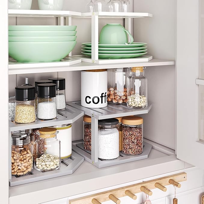 Bamboo Corner Shelf(2 Pack),2 Tier Plate Organizer for Cabinet and Countertop,Pantry Dish and Spice Rack for Kitchen(White)