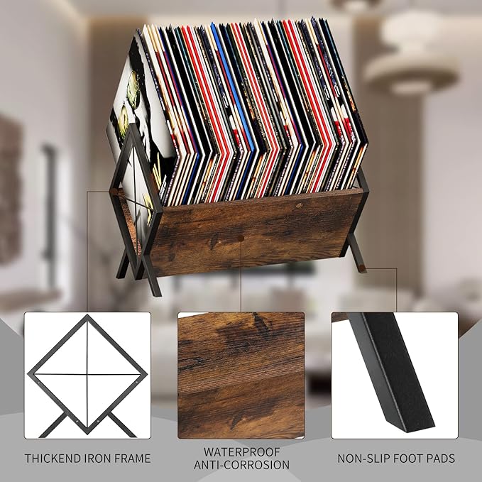 YINMIT Vinyl Record Holder, 80-100 LP Vinyl Record Storage Rack, Quick Assembly Vinyl Record Display, Retro Style Organizer for Magazine, Book, Files, Albums (Rustic Brown, 1 Tier)