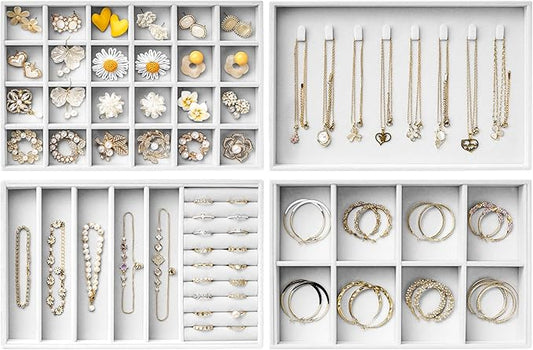 Velvet Jewelry Drawer Organizer Trays – Large White Stackable Jewelry Storage Inserts Set, 4-Layer Jewelry Tray Set for Earrings, Rings, Necklaces, Bracelets with Removable Dividers for Dresser,Vanity