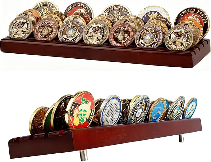 DisplayGifts Challenge Coin Display Stand, 4 Row Wooden Holder Rack Case (Mahogany - Style 2 -4 Rows)