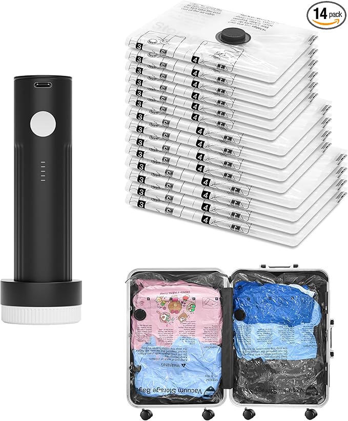 Vacuum Seal Bags for Clothing Travel and Home Storage, Travel Vacuum Bags with Electric Pump, Space Saver Compression Packing Cubes for Luggage Suitcase Bedding Blankets Clothes, 14 Combo