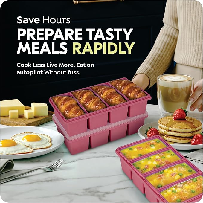 1 cup Silicone Freezer Trays with Lids, Soup Container Style Ice Cube Trays, Easily prepare portioned meals, Ideal for storing soups, pasta, sauces, and leftovers; dishwasher oven safe - 2-pack