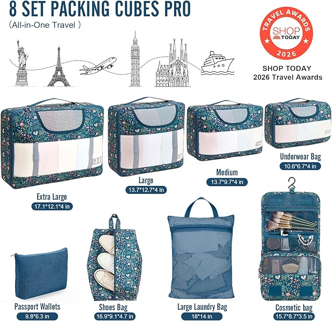 Veken 8 Set Packing Cubes for Travel Essentials, Suitcase Organizer Bags in 4 Sizes, Carry-On Luggage Accessories with Large Laundry & Shoes Bag, Must-Have for Airplane, Road Trip & Camping