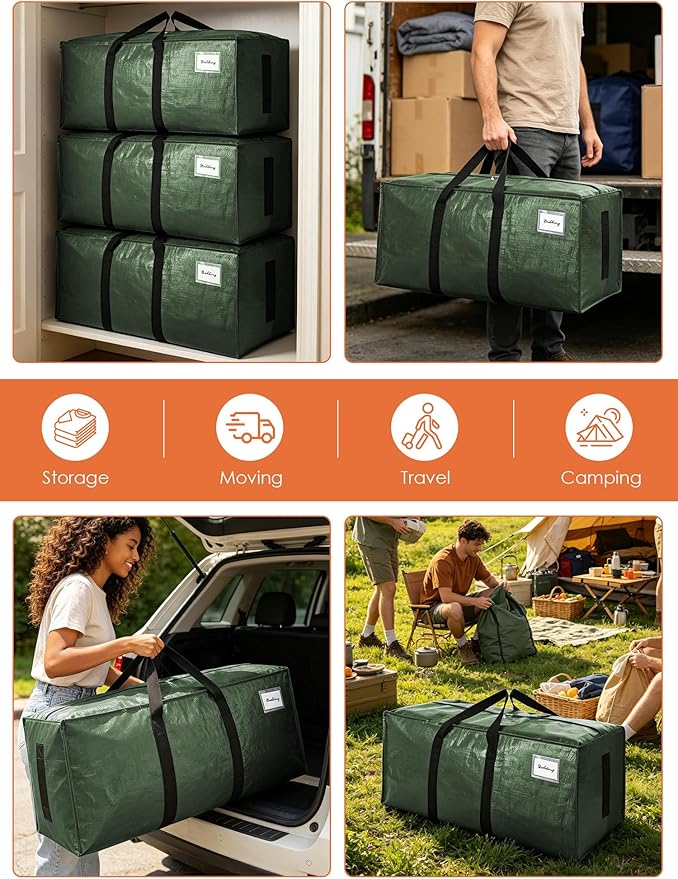 SWEET DOLPHIN 8 Pack 200LB Heavy-Duty Moving Bags with Wrap-Around Handles, Extra Large Storage Totes for Space Saving, Clothes Storage Bags, College Dorm Essentials, Green, 24 Gal