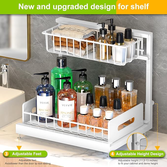 2 Pack Under Sink Organizer and Storage,Pull Out Cabinet Organizer 2 Tier Slide Out Sink Shelf Cabinet Organizer Adjustable Metal Under Counter Organizers for Kitchen Bathroom Organization（White）
