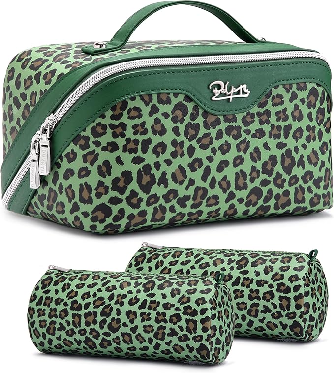 Travel Makeup Bags Organizer for Women: 3 Pcs Set Cosmetic Bag - Large Make up Bag with Compartments - Flat Open Waterproof Leather Toiletry Bags for Skincare, Brushes & Travel Essentials - Green