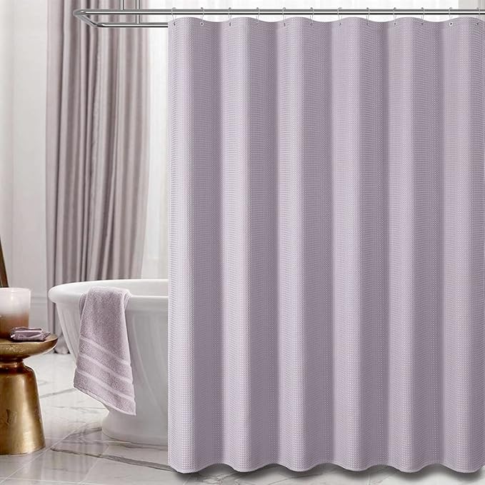 Dynamene Lavender Fabric Shower Curtain - Waffle Weave Textured Heavy Duty Cloth Shower Curtains for Bathroom, 256GSM Hotel Luxury Weighted Bath Curtain Set with 12 Hooks,72x72, Lavender
