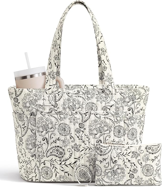 Bagstellar Puffer Tote Bag for Women, Quilted Cotton Laptop Work Tote Shoulder Bag for College School, Teacher, Nurse, Travel | Top Full-zip Closure