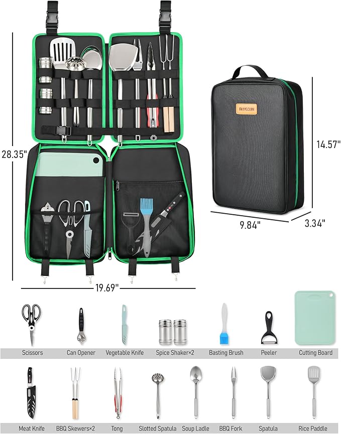 FANGSUN Camping Cooking Utensils, 16 PCS Portable Camping Kitchen Set with Grill Accessories, Camp Gifts for Men Dad, New Year‘s Presents for RV, Hiking, Picnic, Backpacking
