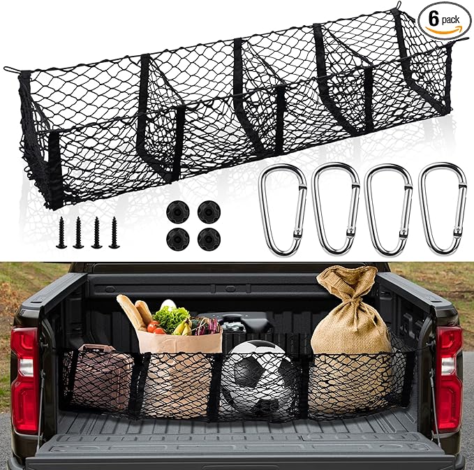 Grocery Net for Truck Bed – Heavy Duty 4-Pocket Cargo Net for Pickup Truck, Elastic Stretchable Truck Bed Storage Net Prevents Groceries from Sliding, Universal Fit for SUV F-150 Tacoma Silverado RAM