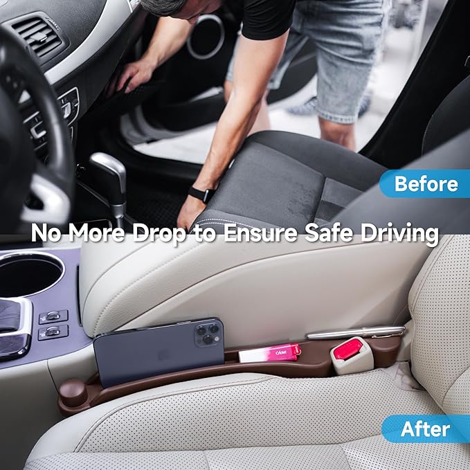 Car Seat Gap Filler 2 Pack Soft Foam Multifunctional Seat Side Gap Filler with Organizer & Hook Function, 3in1 Gap Stopper Universal Fit Car SUV Truck Fill The Gap Between Seat & Console (Espr Brown)