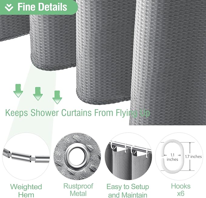 Dynamene Stall Fabric Shower Curtain - 36x72 Waffle Weave Heavy Duty Cloth Shower Curtains for Bathroom, Neutral Weighted Hotel Spa Luxury Bath Curtain Set with 6 Plastic Hooks,Grey/Gray