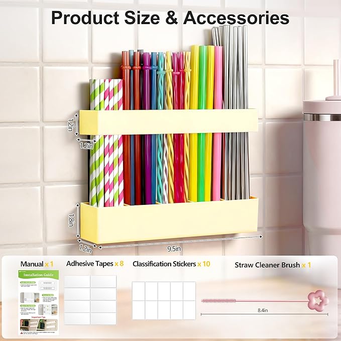 9.5” Large Acrylic Straw Holder for Cabinet Door, Reusable Adjustable Two-Part Straws Organizer with Ultra Sticky Adhesive Strips, 2026 Straw Storage for Kitchen Cupboard