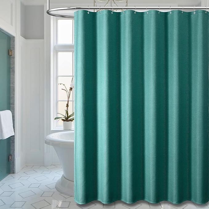Dynamene Extra Long Shower Curtain - 96 Inch Long Waffle Weave Weighted Thick Cloth Bathroom Shower Curtain, Neutral Heavy Duty Hotel Bath Curtain Set with 12 Plastic Hooks,72x96, Seaweed Green