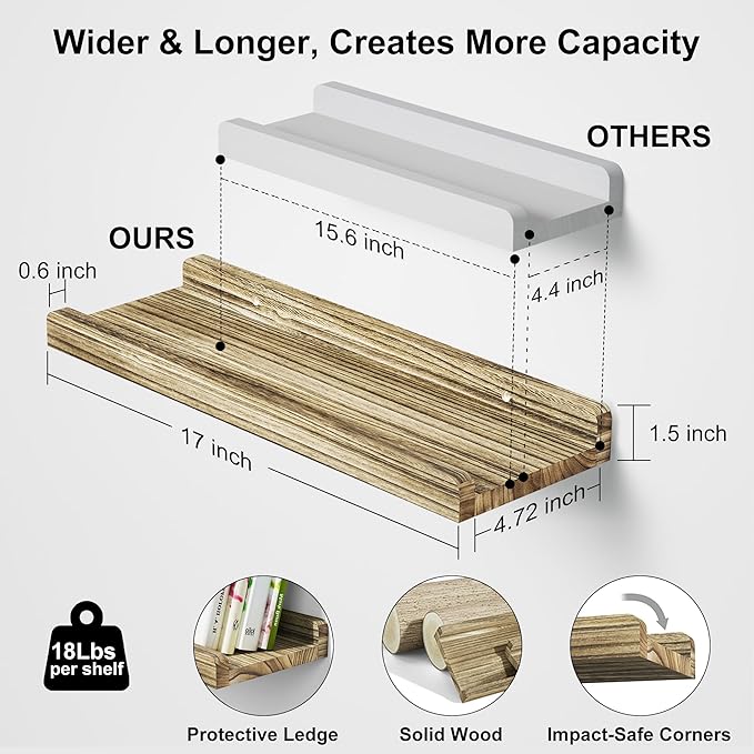 Love-KANKEI Floating Shelves Wall Mounted Set of 2,17 Inch Rustic Wood Wall Shelves for Storage, Bedroom Living Room Bathroom Kitchen Office and More Carbonized Black
