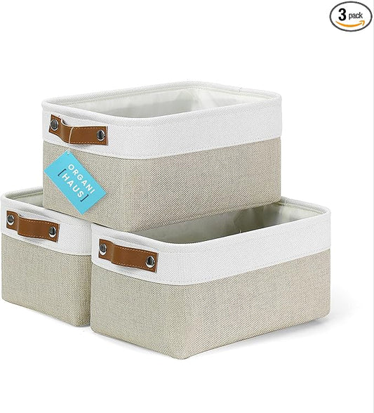 OrganiHaus Small Fabric Storage Baskets 3 Pack, 12x8in Cloth Storage Bins for Shelves, Small Baskets for Organizing Bathroom Pantry Closet, Canvas Shelf Baskets, Beige/Off-White