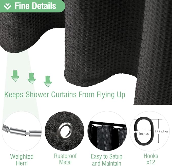 Dynamene Extra Long Fabric Shower Curtain - Waffle Weave 84 Inches Long Heavy Duty Cloth Shower Curtains for Bathroom, 256GSM Large Hotel Luxury Bath Curtain Set with 12 Plastic Hook, 72Wx84H, Black