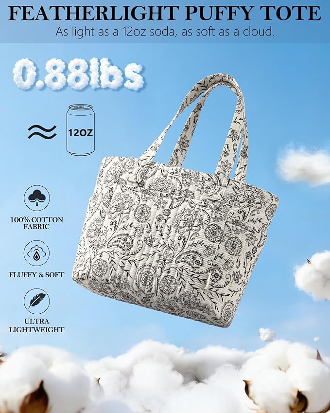 Bagstellar Puffer Tote Bag for Women, Quilted Cotton Laptop Work Tote Shoulder Bag for College School, Teacher, Nurse, Travel | Top Full-zip Closure