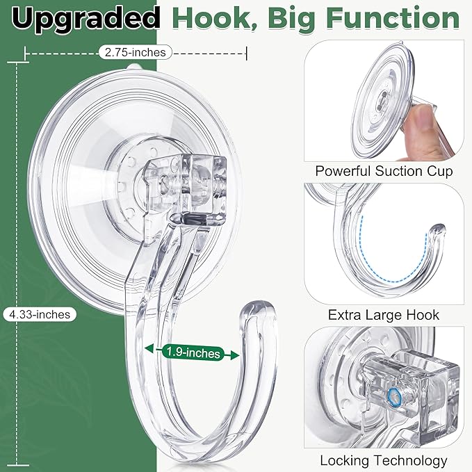 ANDGOO 4 Pack Large Suction Cup Hooks for Door Wreaths, Wreath Hangers for Front Door, Glass, Window, Shower, Upgraded 1.9" Diameter Wreath Holder, No Tools, No Damage, Holds Up to 22 lbs