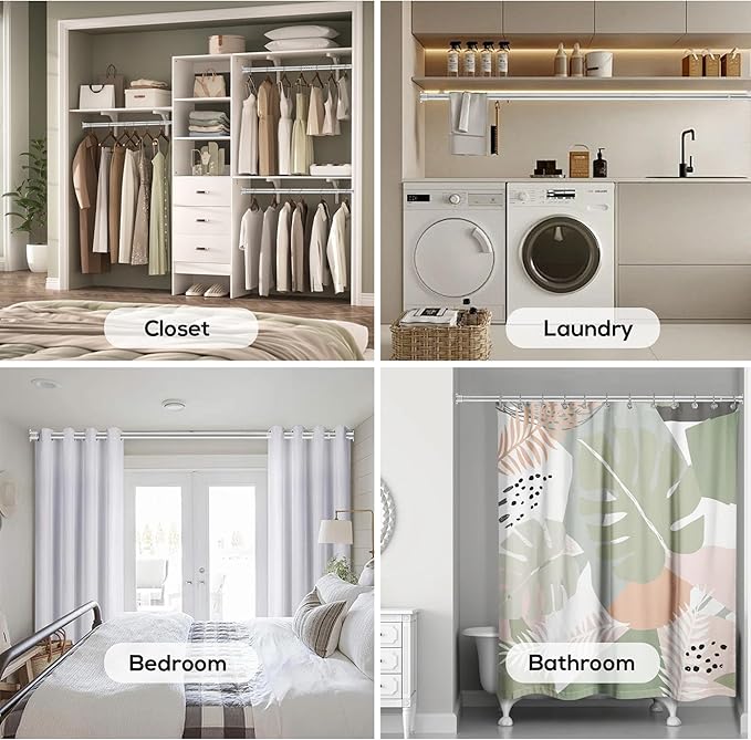 1.3 Inch Diameter Closet Rods for Hanging Clothes 17-64 Inch Adjustable, Metal Heavy Duty Closet Pole, Silver Closet Bar for Hanging Clothes, Suitable for Closet, Wardrobes, Bathroom, Windows
