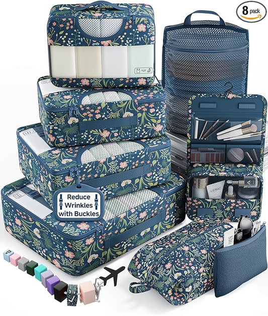Veken 8 Set Packing Cubes for Travel Essentials, Suitcase Organizer Bags in 4 Sizes, Carry-On Luggage Accessories with Large Laundry & Shoes Bag, Must-Have for Airplane, Road Trip & Camping
