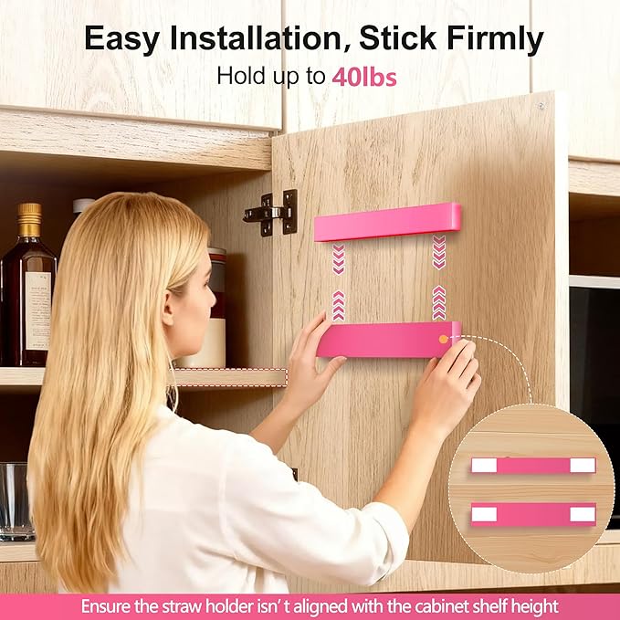 9.5” Large Acrylic Straw Holder for Cabinet Door, Reusable Adjustable Two-Part Straws Organizer with Ultra Sticky Adhesive Strips, 2026 Straw Storage for Kitchen Cupboard