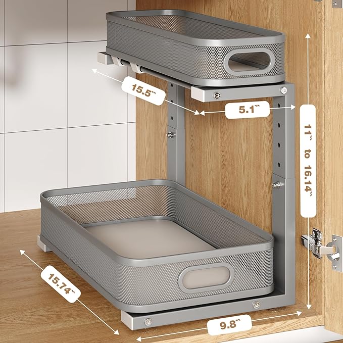 1 Pack 15.7IN-Depth Under Sink Organizer With Smooth Cylindrical Rail,2-Tier Pull Out Multi-Purpose Cabinet Storage for Bathroom&Kitchen,Height Adjustable,Rust-resistant Coating-Gun Gray