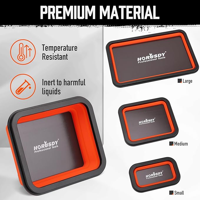 HORUSDY 3-Piece Magnetic Parts Tray Set, Tool Trays for Storage Organizer Screw, Bolts, Washers, Nuts and Small Tools. Tool Gifts for Men, Orange and Black