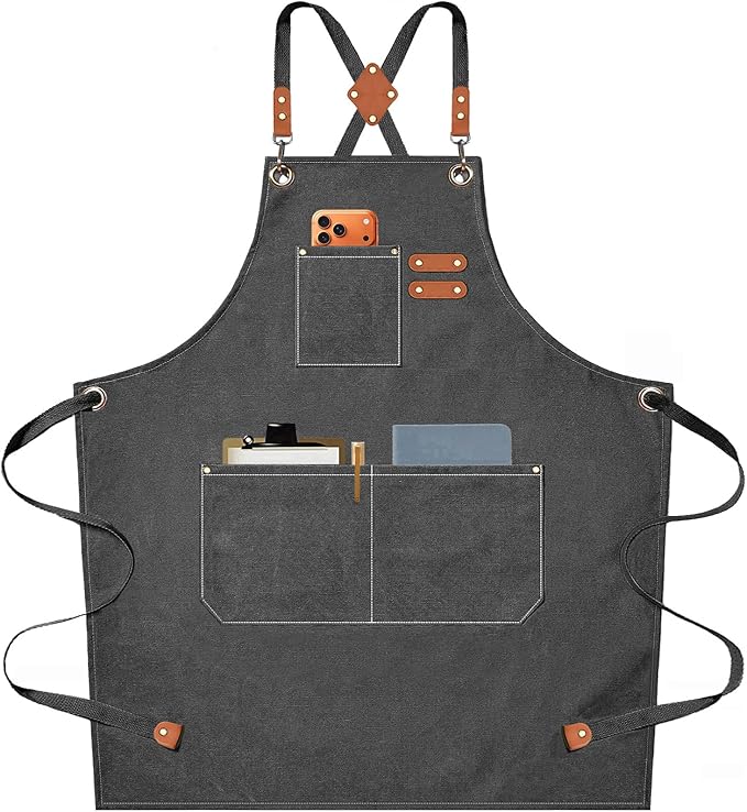 AFUN Chef Aprons for Men Women with Oversized Pockets, 16-Ounce Cotton Canvas Cross Back Heavy Duty Work Apron (Grey)