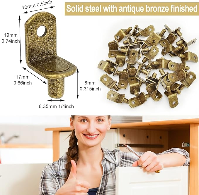 40 Pcs Shelf Pins Pegs,1/4 Inch L-Shaped Shelf Support Pegs,Bookshelf Pegs for Shelves,Cabinet Shelf Bracket Pegs with Hole,Shelf Pins Holders for Kitchen Furniture & Closet,Bronze Tone