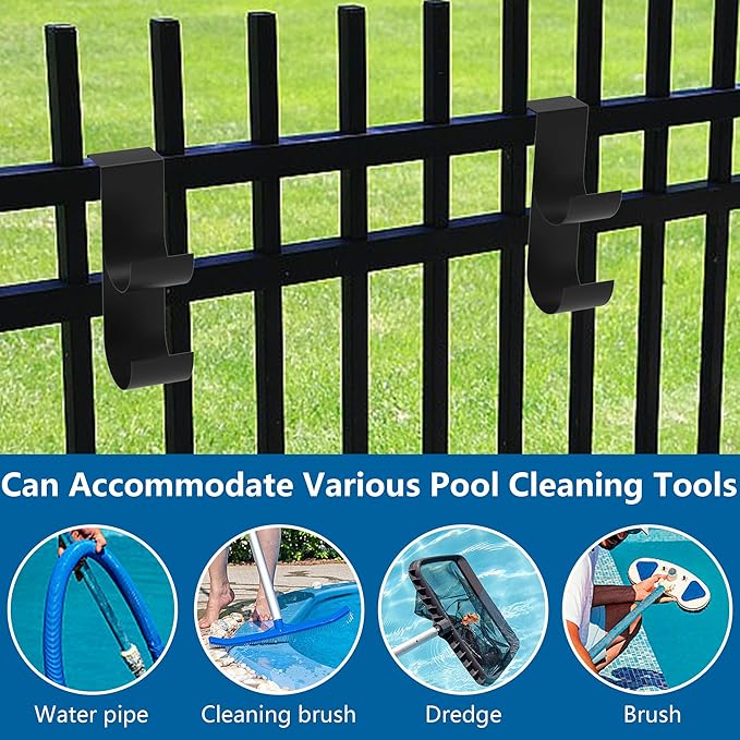 codree 4 Pcs Pool Fence Hooks for Pool Equipment, Black Heavy Duty Fence Hooks for Pool Poles, Slipe-on Fences Hanger for Pools Hose Pools Skimmer, Fit 3/4 Inch to 1-1/4 inch Railing