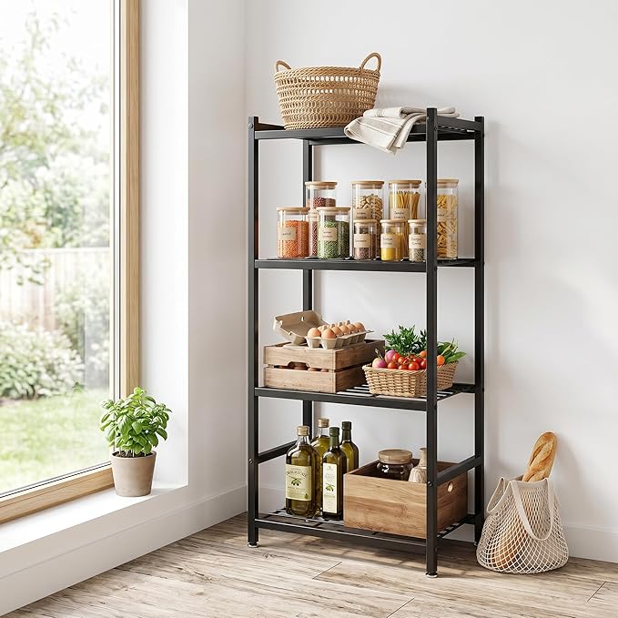 Small Storage Shelves, 4-Tier Metal Shelving Unit with Adjustable Feet, Compact Shelf Organizer for Garage, Kitchen, Pantry and Closet Organization, 17.7" x 11.8" x 43.3" ，Black