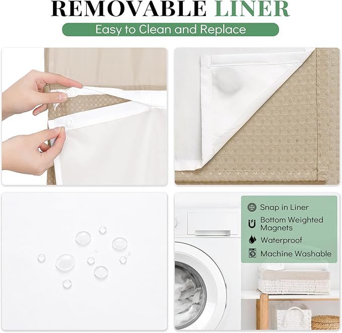 Dynamene Extra Long Shower Curtain, 84 Inch Long Waffle Fabric Shower Curtain for Bathroom, Tall Waterproof Cloth Shower Curtain Liner Set with Hook, Snap in Liner, Mesh Top Window, Beige, 72x84