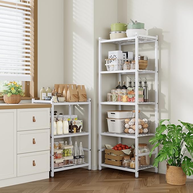 Small Storage Shelves, 5-Tier Metal Shelving Unit with Adjustable Feet, Compact Shelf Organizer for Garage, Kitchen, Pantry and Closet Organization, 17.7" x 11.8" x 56.3",White