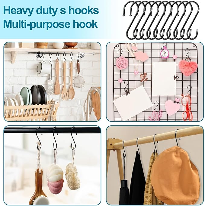 ESFUN 24 Pack S Hooks, 3.5 Inch Heavy Duty S Hooks for Hanging Plant, Large Closet Rod Hooks for Jeans Bags, Black Metal S Shaped Hook for Plant Basket, Pots Pans Wire Shelf Rack, Utensils, Towels