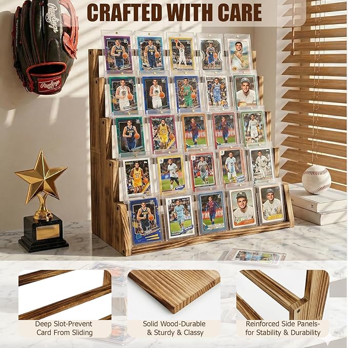 5 Tier Wooden Card Display Stand – Vertical Card Holder Display for Trading Cards, Game Cards, Sports Cards, Graded PSA/BGS/SGC, Baseball, Basketball&Football(Soccer) Card Stand, Desk & Shelf Organize,Charred Wood