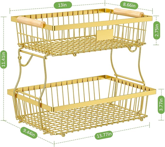 2 Tier Fruit Basket for Kitchen Counter with 2 Banana Hangers, Countertop Metal Fruit Bowl with Wooden Handle, Large Storage Stand for Vegetables, Snacks, Breads, Produce Storage – rose gold
