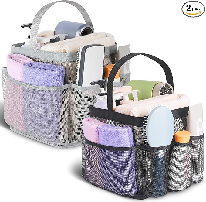 EUDELE 2 Pack Mesh Shower Caddy Portable for College Dorm Room Essentials, Shower Caddy Dorm with 8-Pocket Large Capacity,Shower Bag for Beach,Swimming,Gym All Black+All Grey