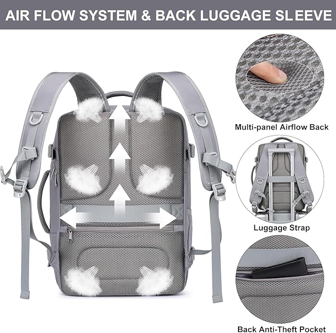 EZUOLA Personal Item Travel Backpack for Men Women,Carry On Backpack with Shoe Pouch, TSA 15.6inch Laptop Mochila Flight Approved,College Teacher Bag Casual Daypack for Hiking Outdoor Weekend,Grey