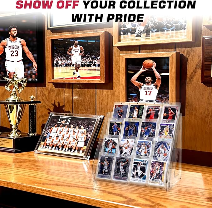 Trading Card Display Stand, Vertical Holder for Baseball Basketball Sports Graded Card Display Stand Tabletop for PSA BGS SGC Slabs, Snap-On Assembly(4 Tier, 1 Pack)
