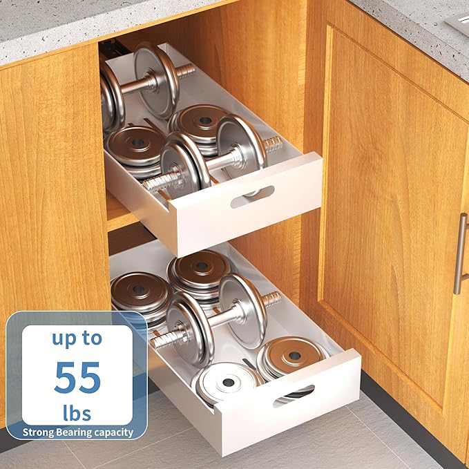 1 Pack | 21" Deep Pull Out Cabinet Organizer Adhesive, 10-Inch Wide Sturdy Carbon Steel Roll-Out Drawers for Face Frame or Frameless Cabinets,Slide-Out Shelves for Pantry.