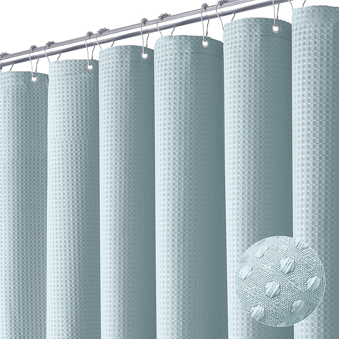 Dynamene Stall Fabric Shower Curtain - 36x72 Waffle Weave Heavy Duty Cloth Shower Curtains for Bathroom, Neutral Weighted Hotel Spa Luxury Bath Curtain Set with 6 Plastic Hooks, Fog Blue