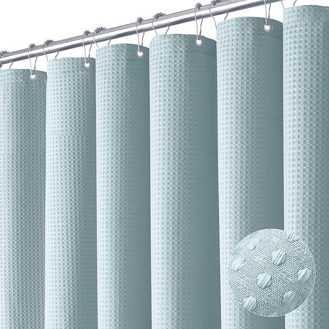 Dynamene Stall Fabric Shower Curtain - 54 inch Wide Waffle Weave Weighted Thick Cloth Shower Curtains for Bathroom, Heavy Duty Hotel Spa Luxury Bath Curtain Set with 10 Hooks, 54x72, Fog Blue